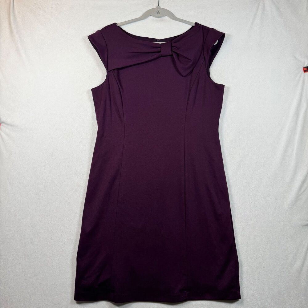 Studio I Purple Sheath Dress Women’s 14 Bow Front Cap Sleeve Knee Length Stretch